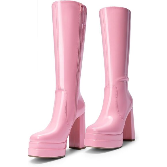 ⚡Women's Pink Faux Leather Platform Heeled Knee High Long Chunky Tall Boot - Picture 4 of 7